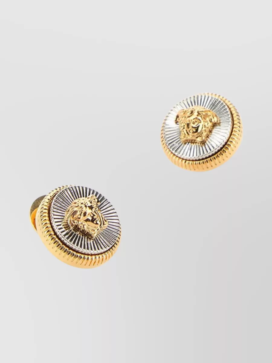 Shop Versace Embossed Metal Stud Earrings In Brown
