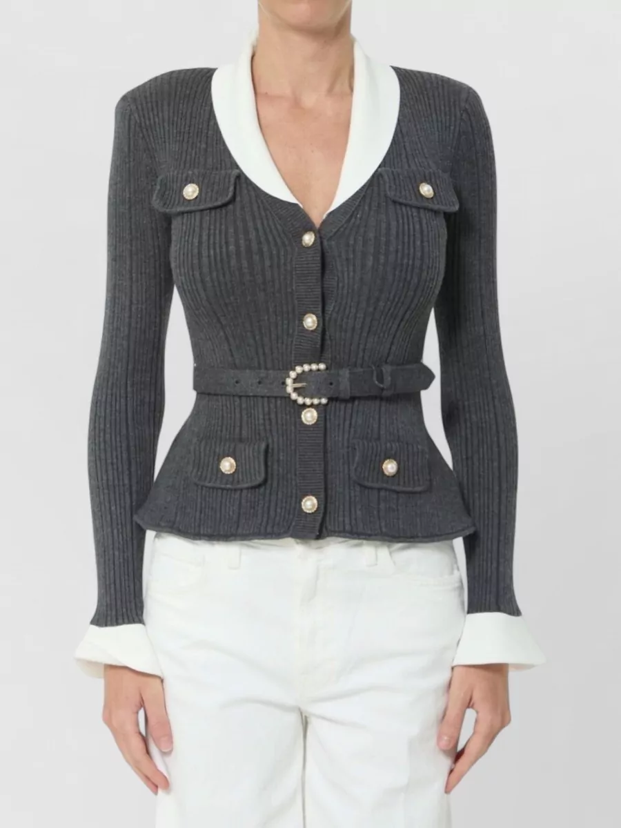 Self-Portrait Ribbed knit belted cardigan