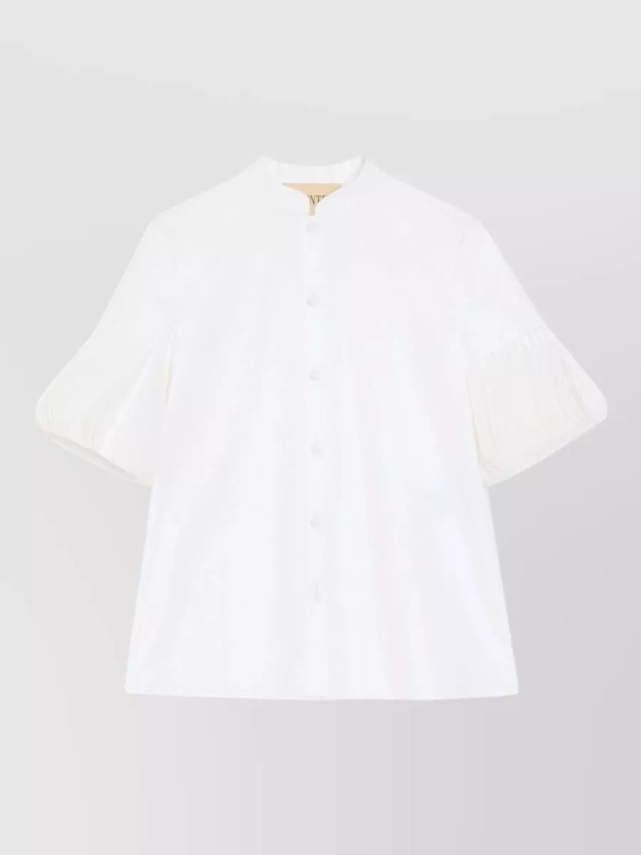 Valentino Cotton Mandarin Collar Pleated Sleeve Blouse