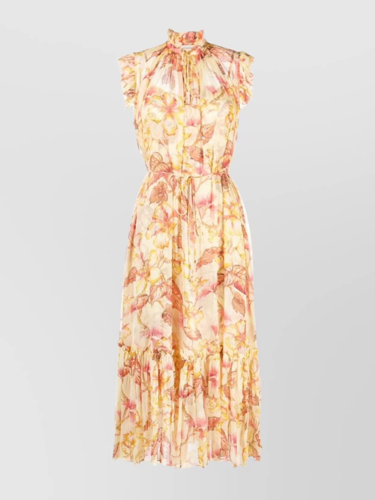 Shop Zimmermann Fluttering Midi Dress With V-neck And Tie Collar In Beige