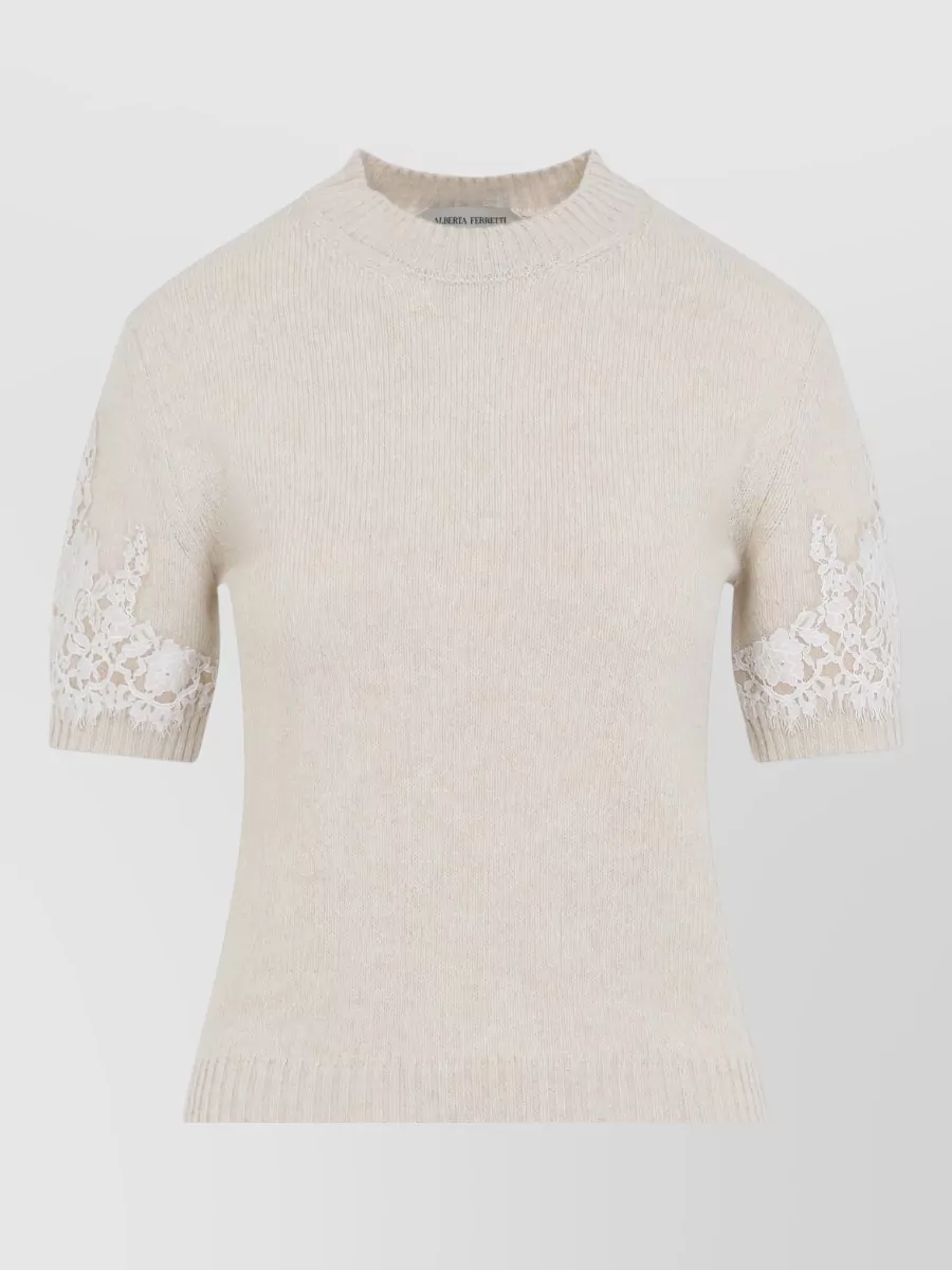 Alberta Ferretti Cashmere Mock Neck Ribbed Knit T-Shirt