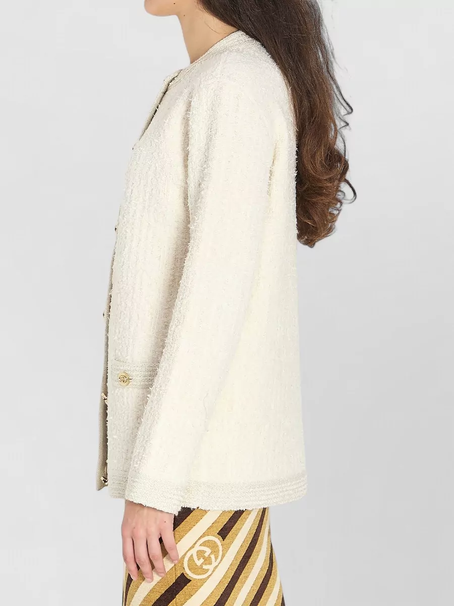 Gucci Bouclé Lamé Wool Cardigan Crew Neck