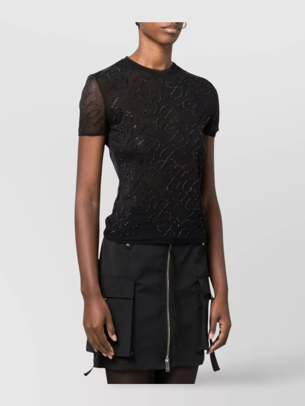 Blumarine Sheer Logo Mesh Top With Embroidered Detailing
