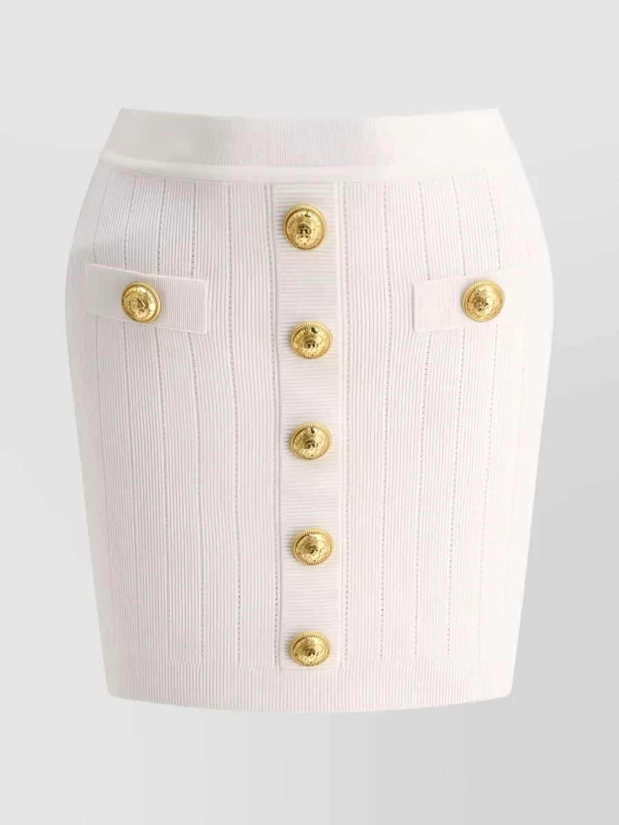 Shop Balmain Ribbed Knitted High Waist Skirt With Button Detail In White