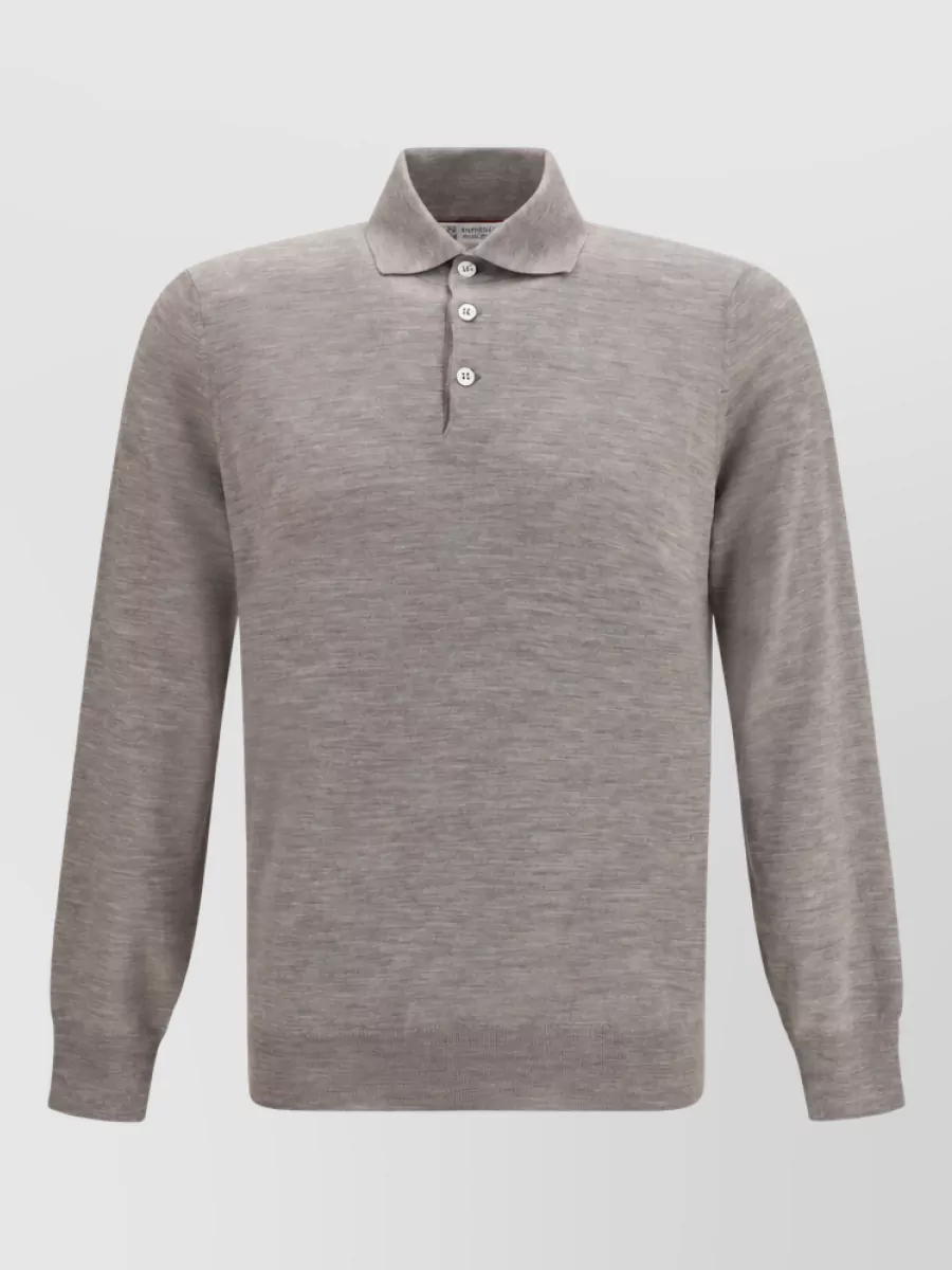 Brunello Cucinelli virgin wool cashmere ribbed collar polo sweater