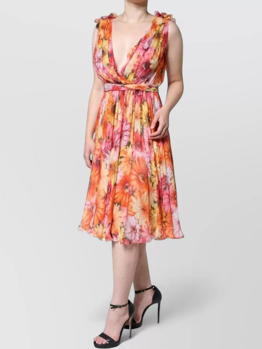 Dolce&Gabbana Silk Floral-Print Sleeveless V-Neck Midi Dress