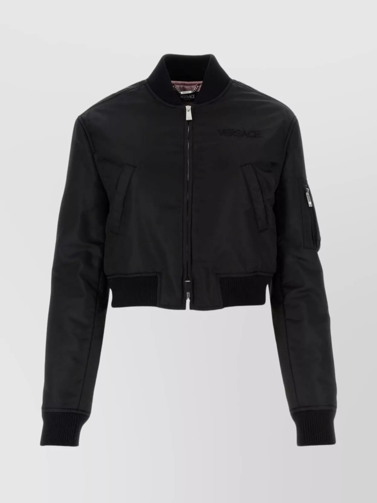 Shop Versace Ribbed Collar Bomber Jacket With Utility Pocket