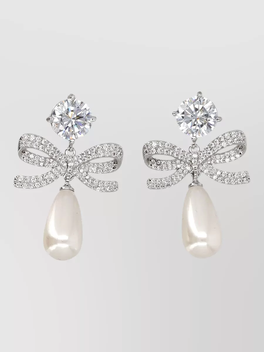 Self-Portrait crystal bow pearl drop earrings