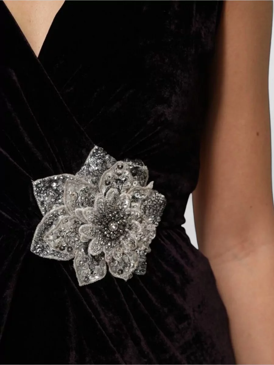 Dolce&Gabbana Velvet V-Neck Flower-Embellished A-Line Midi Dress