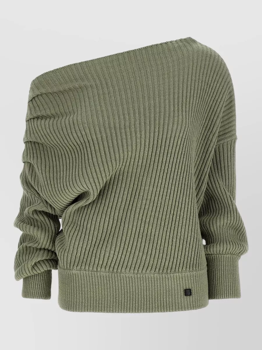 Balmain Silk Ribbed Asymmetric Draped One-Shoulder Long-Sleeve Jumper