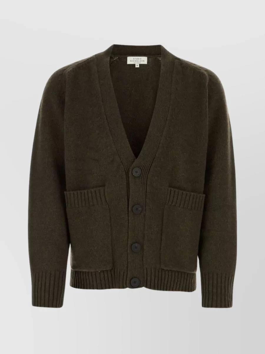 Shop Studio Nicholson Front Pocket V-neck Wool Cardigan In Brown