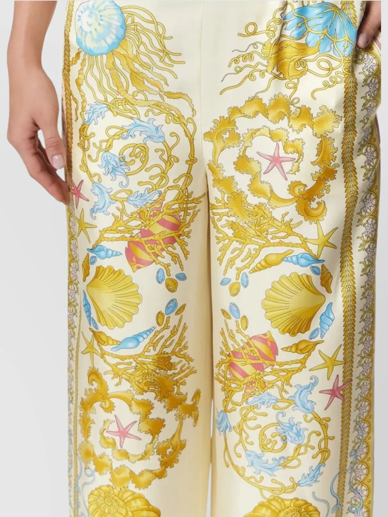 Versace Wide Leg Trousers With Underwater Baroque Print In Yellow