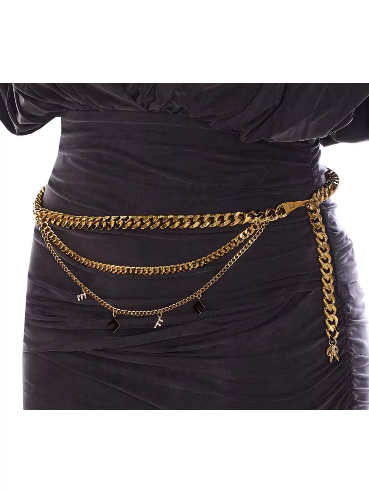 Elisabetta Franchi Draped Neckline Gold Chain Belt Dress