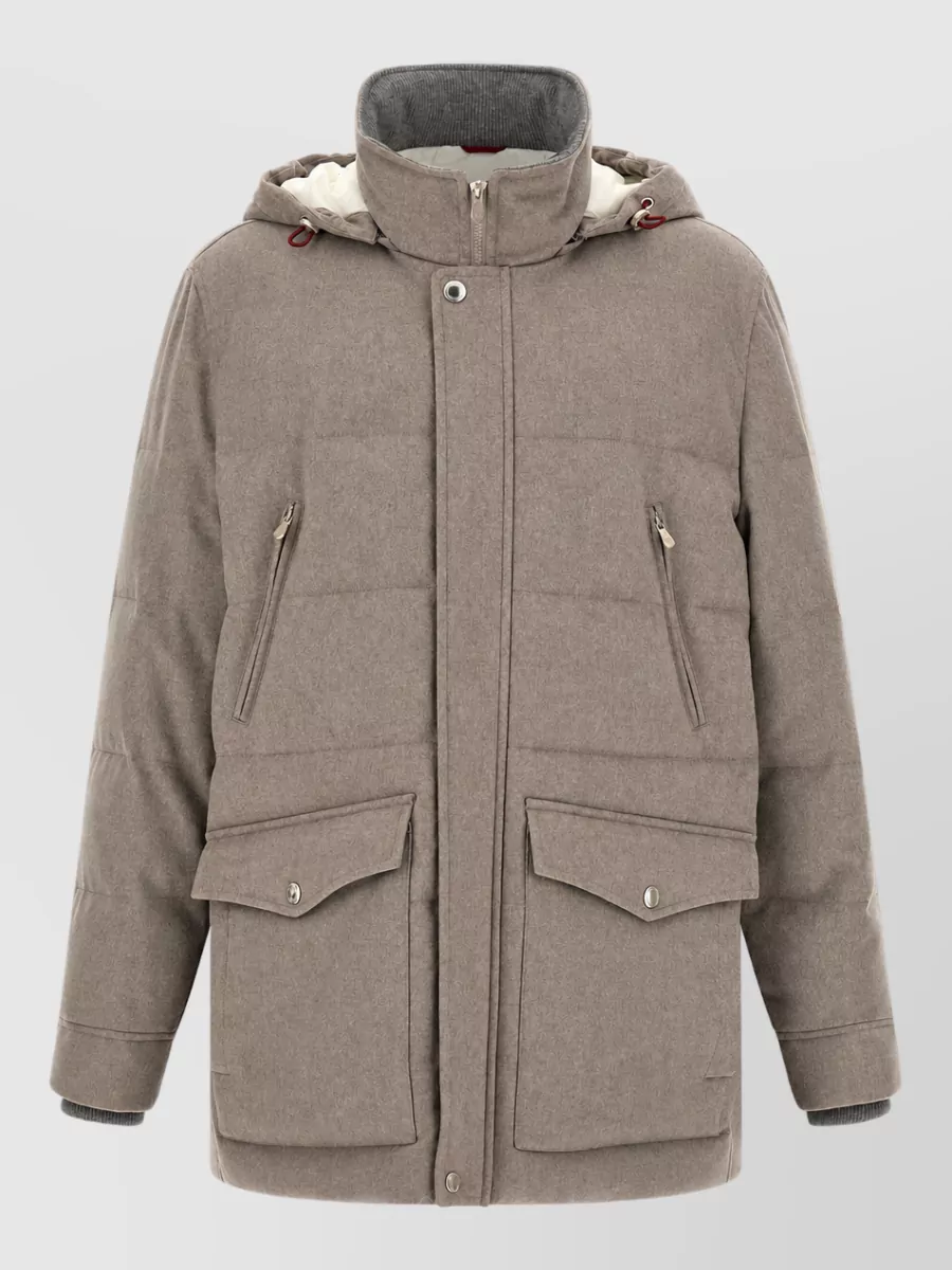 Brunello Cucinelli Wool Flannel Quilted Padded Coat In Brown