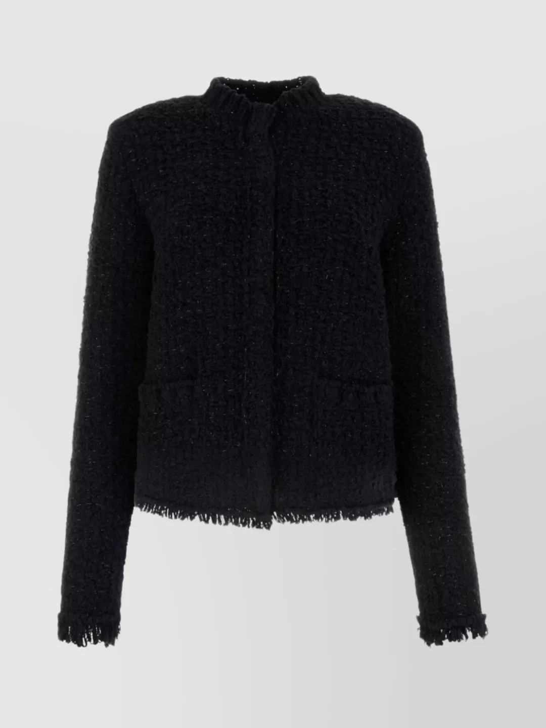 Shop Moncler Tweed Cropped Cardigan Fringed Hem In Black
