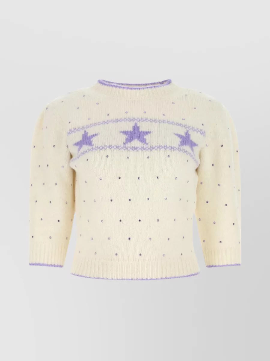 Shop Alessandra Rich Alpaca Blend Crew-neck Sweater With Embellished Puff Sleeves In Cream