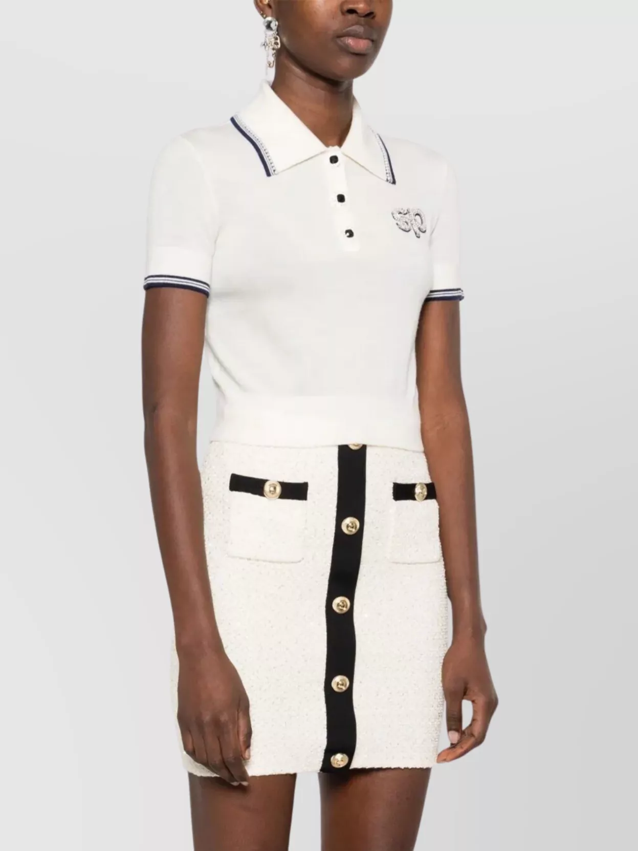 Shop Self-portrait Knit Polo Top Crystal Decoration