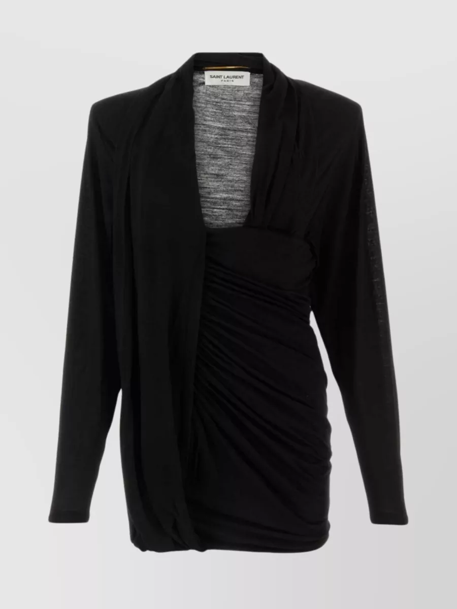 Shop Saint Laurent Wool Draped Neckline Mini Dress In Black