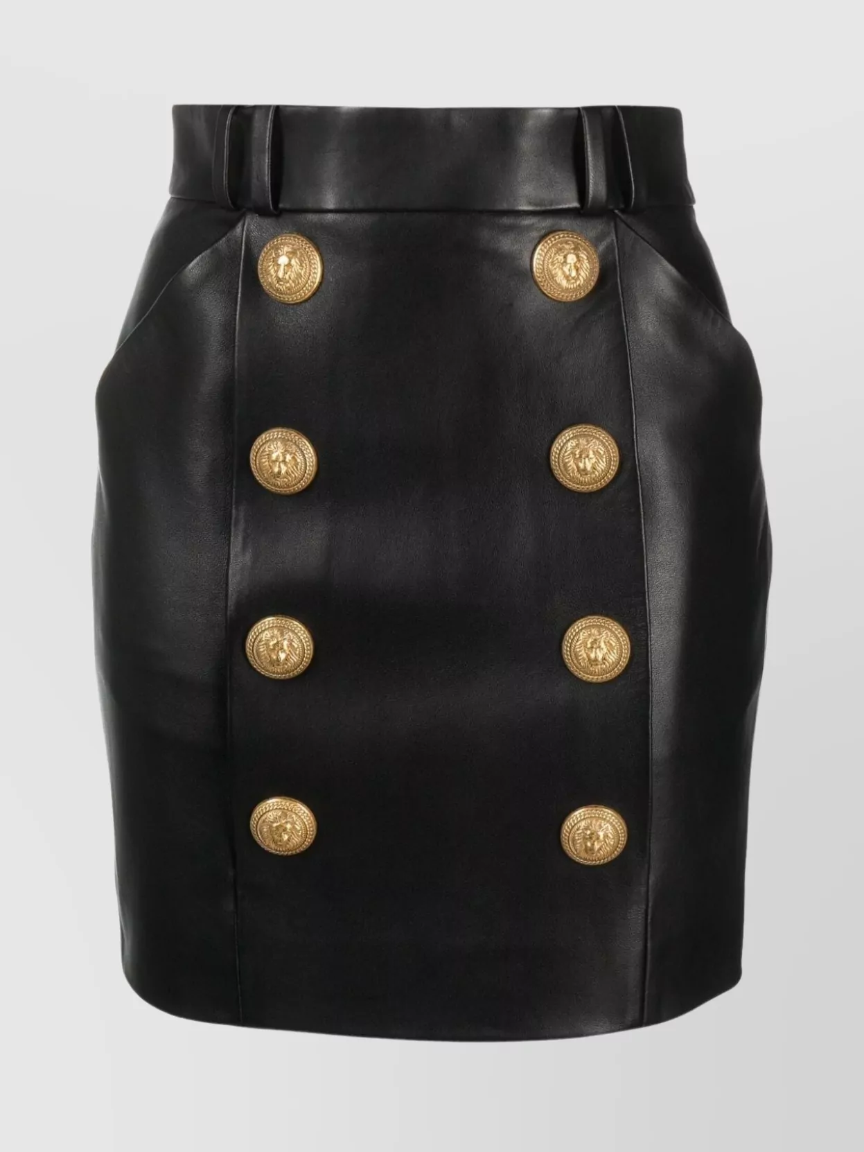 Shop Balmain Waist High Leather Skirt With Straight Hem In Black