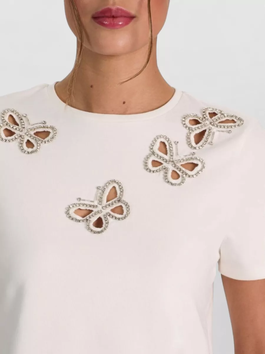 Alice + Olivia Cotton Crystal Embellished Cutout Cropped T-Shirt
