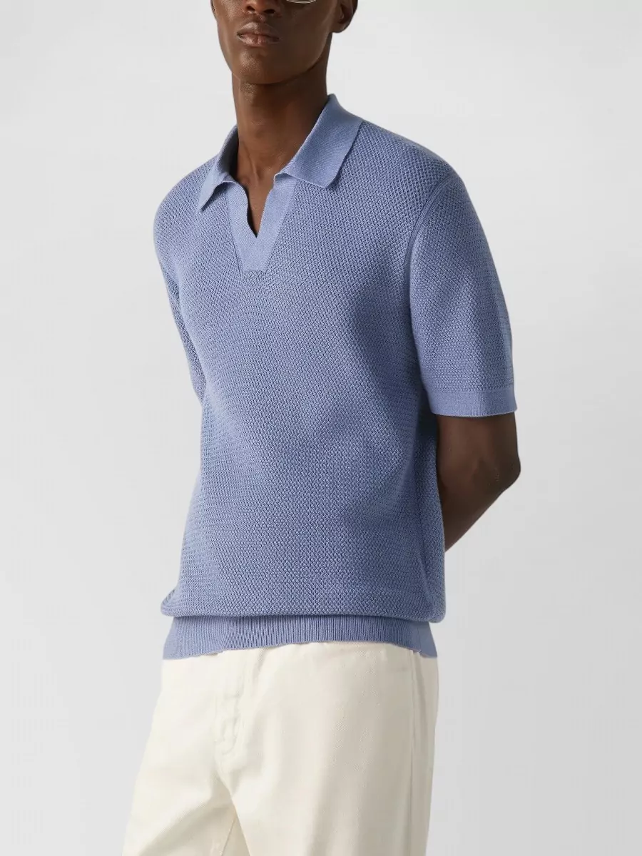 Zegna Jacquard Knit Cotton Open Collar Polo Shirt