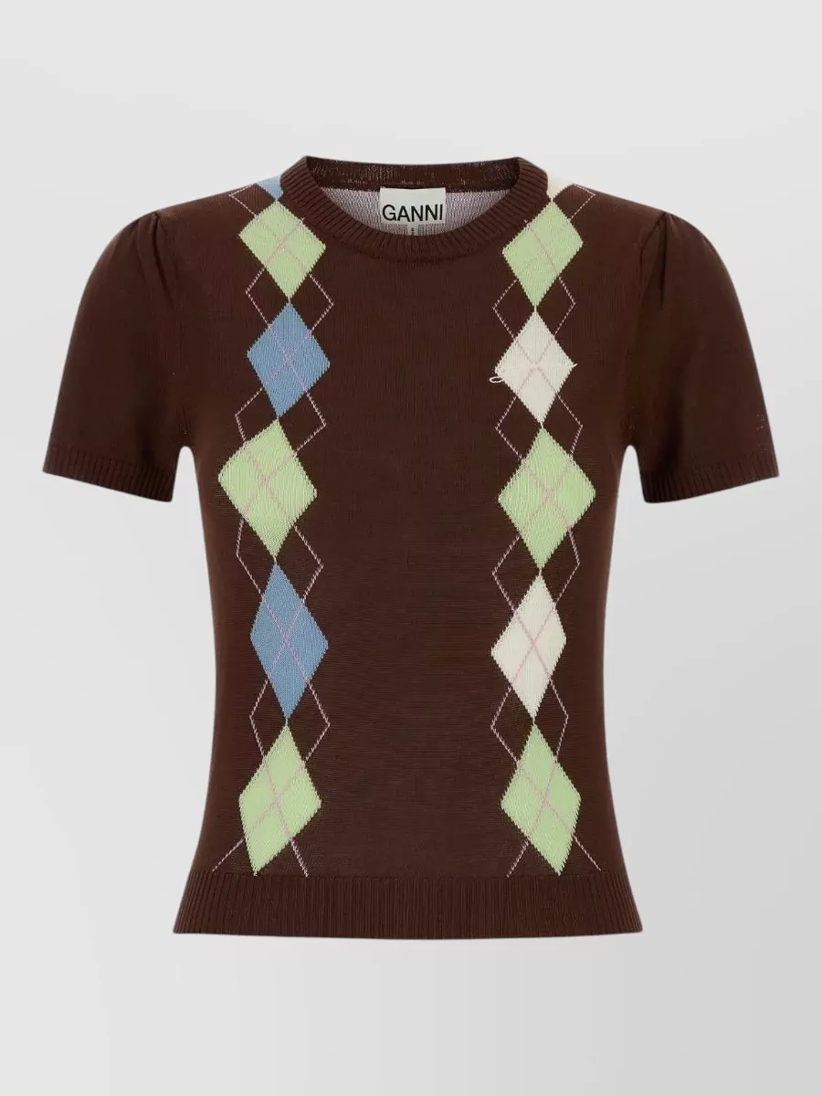 Ganni Organic cotton argyle crewneck short sleeve sweater