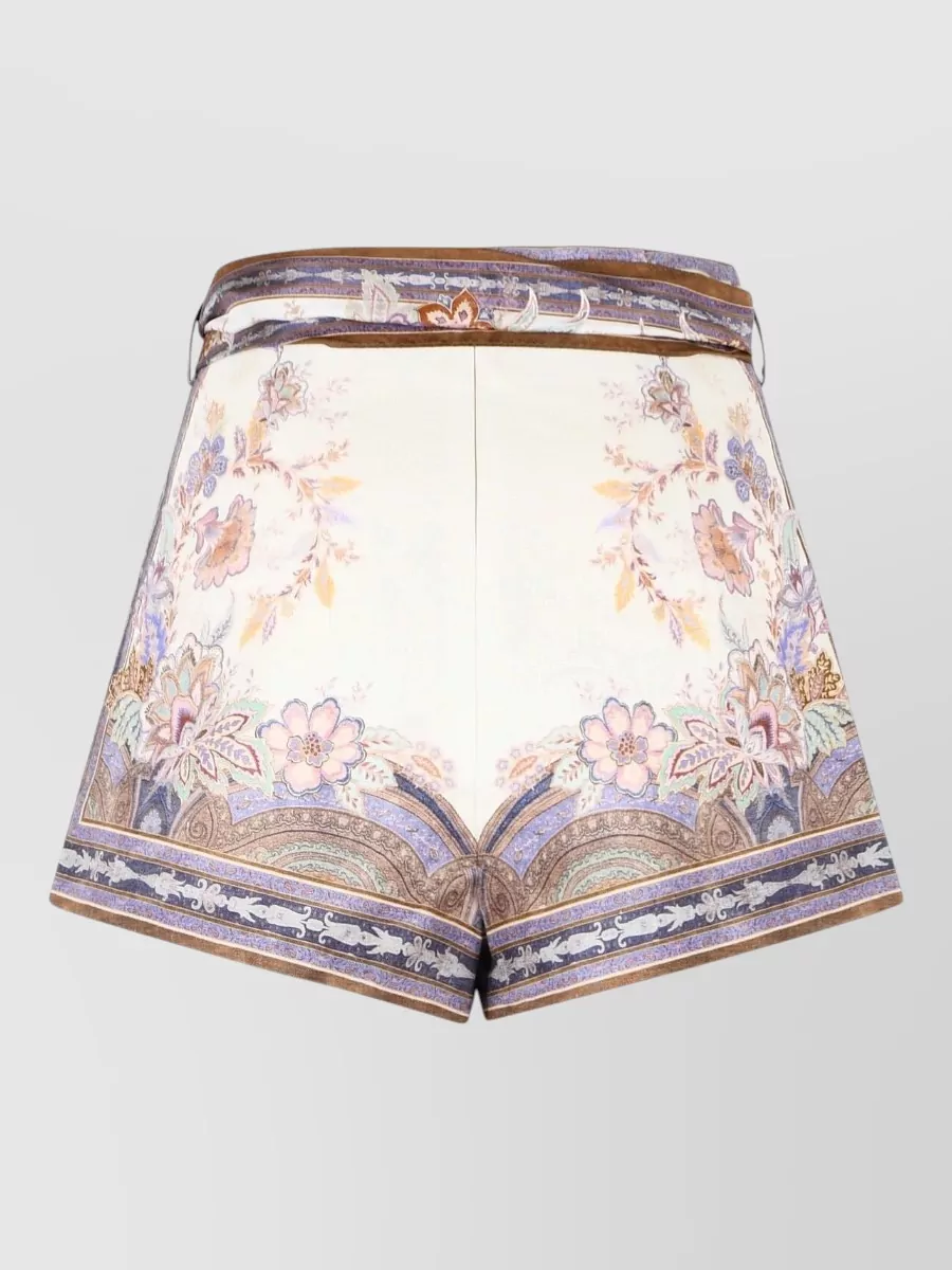 Zimmermann Luna Linen Shorts Belted High Waist In Multi