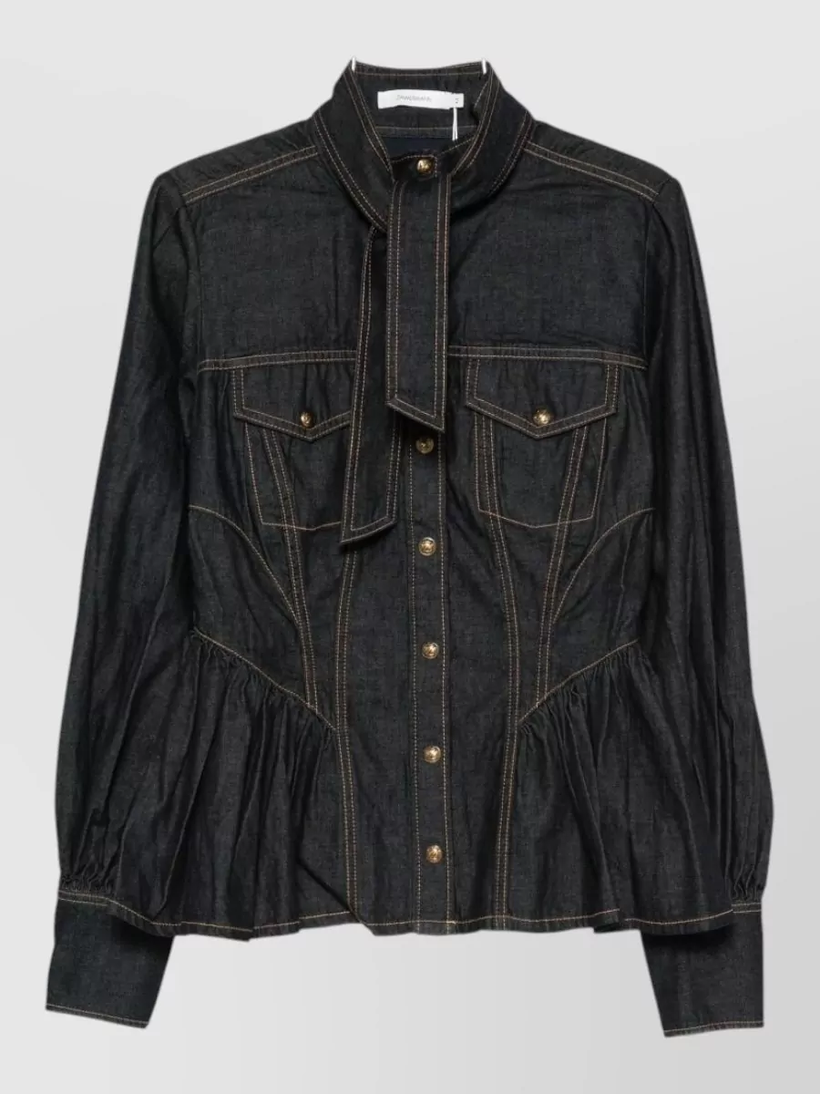 Zimmermann Denim Fitted Pussy-Bow Peplum Shirt