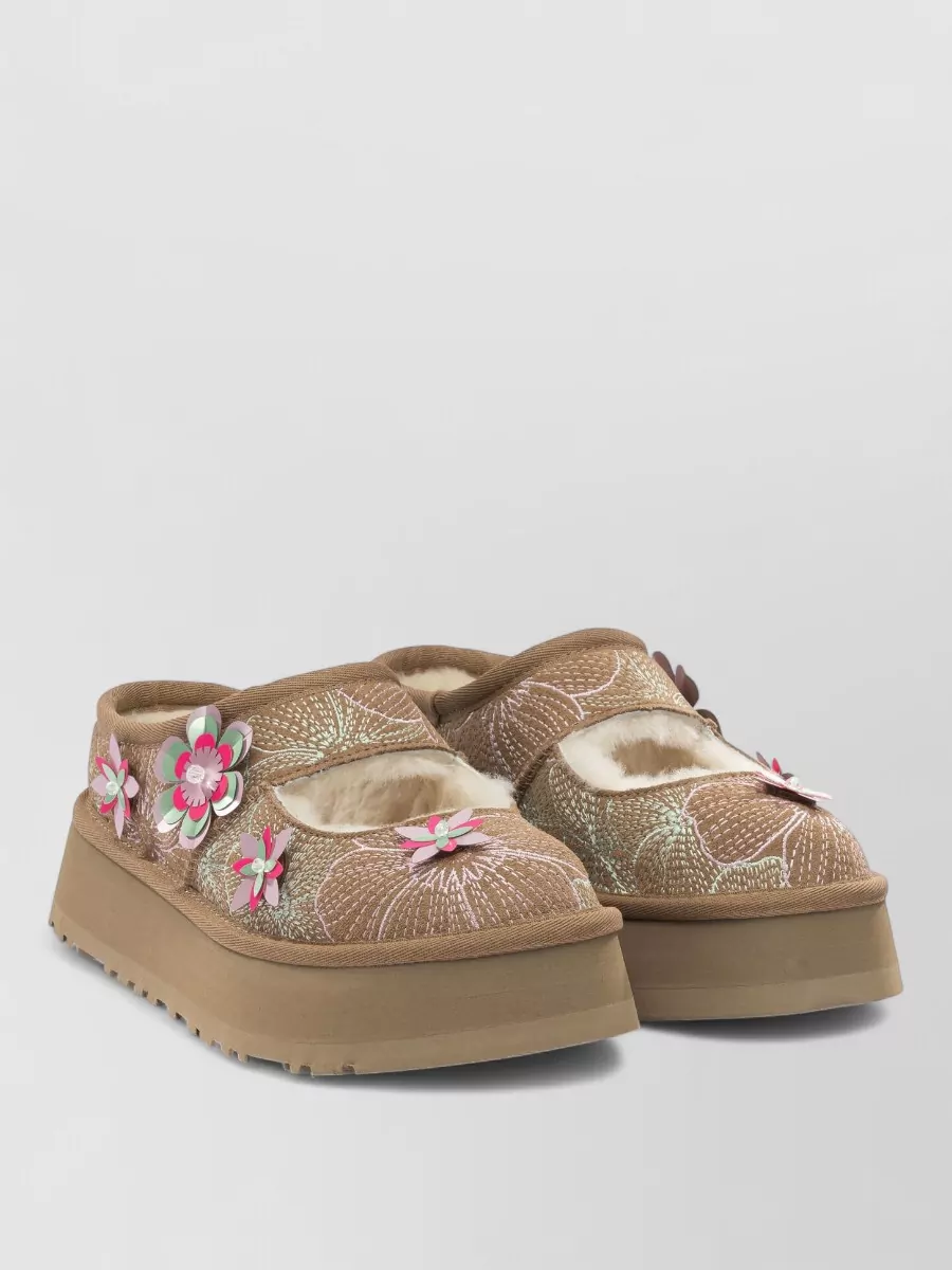 Ugg suede floral-embroidered platform mary jane slippers