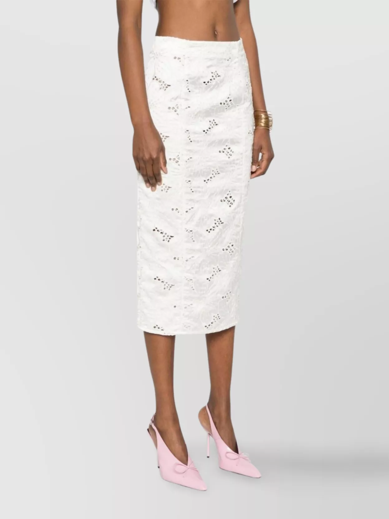 Genny Lace Detail High Waist Silk Skirt In White