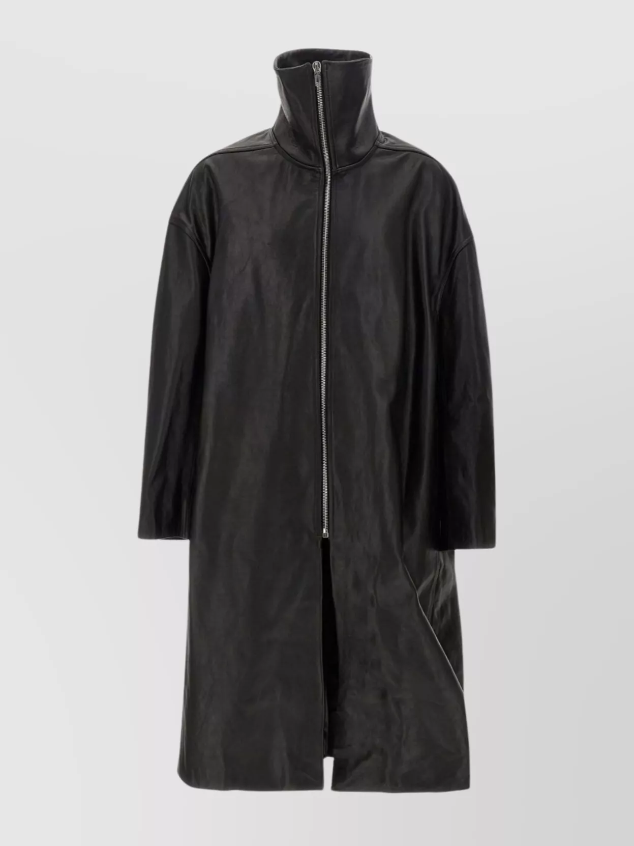 Rick Owens Dracucollar Fold-neck Zip-front Leather Coat In Blue