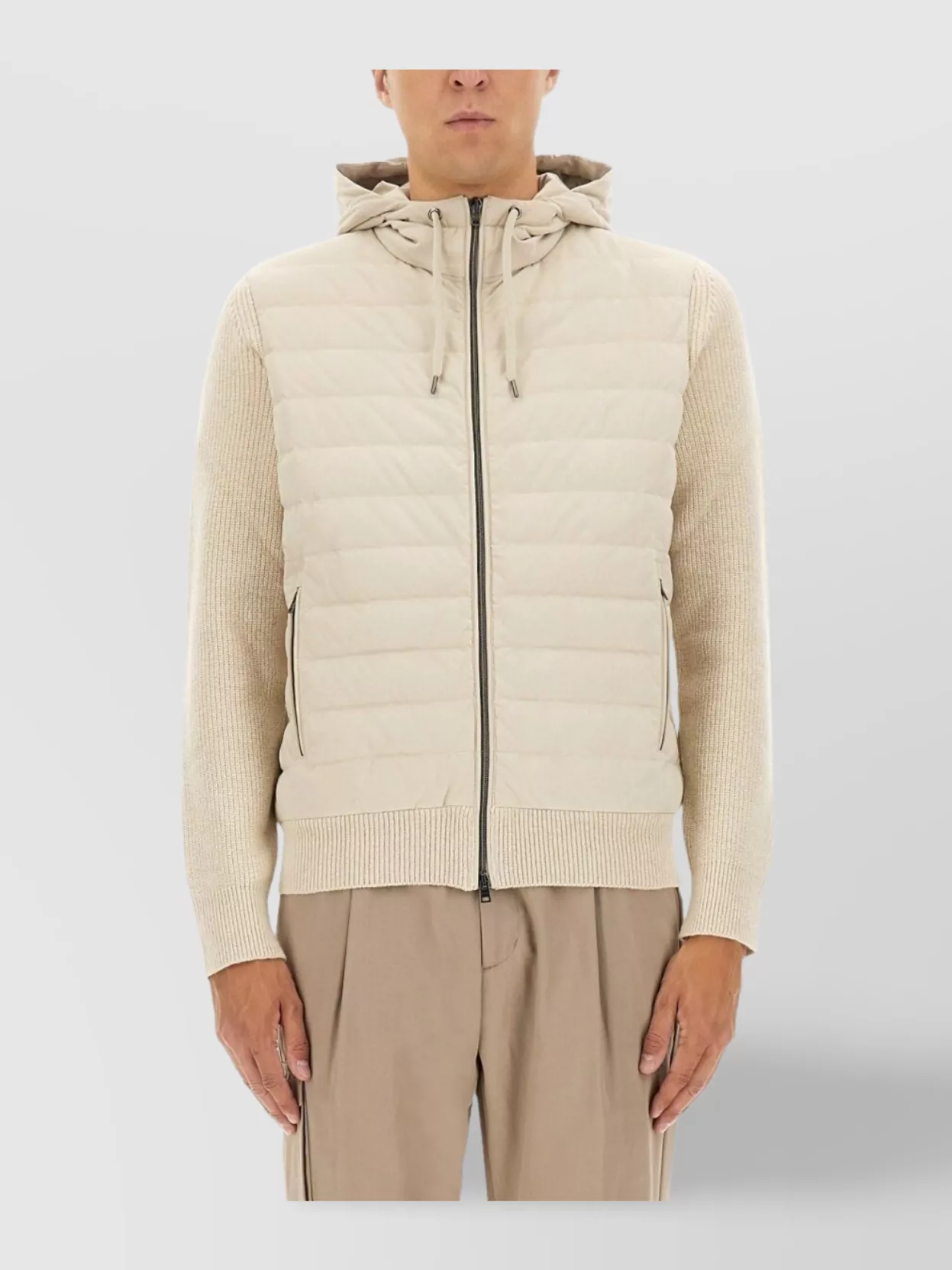 Herno Quilted Microfibre And Ribbed Wool Down Hooded Jacket In Neutral