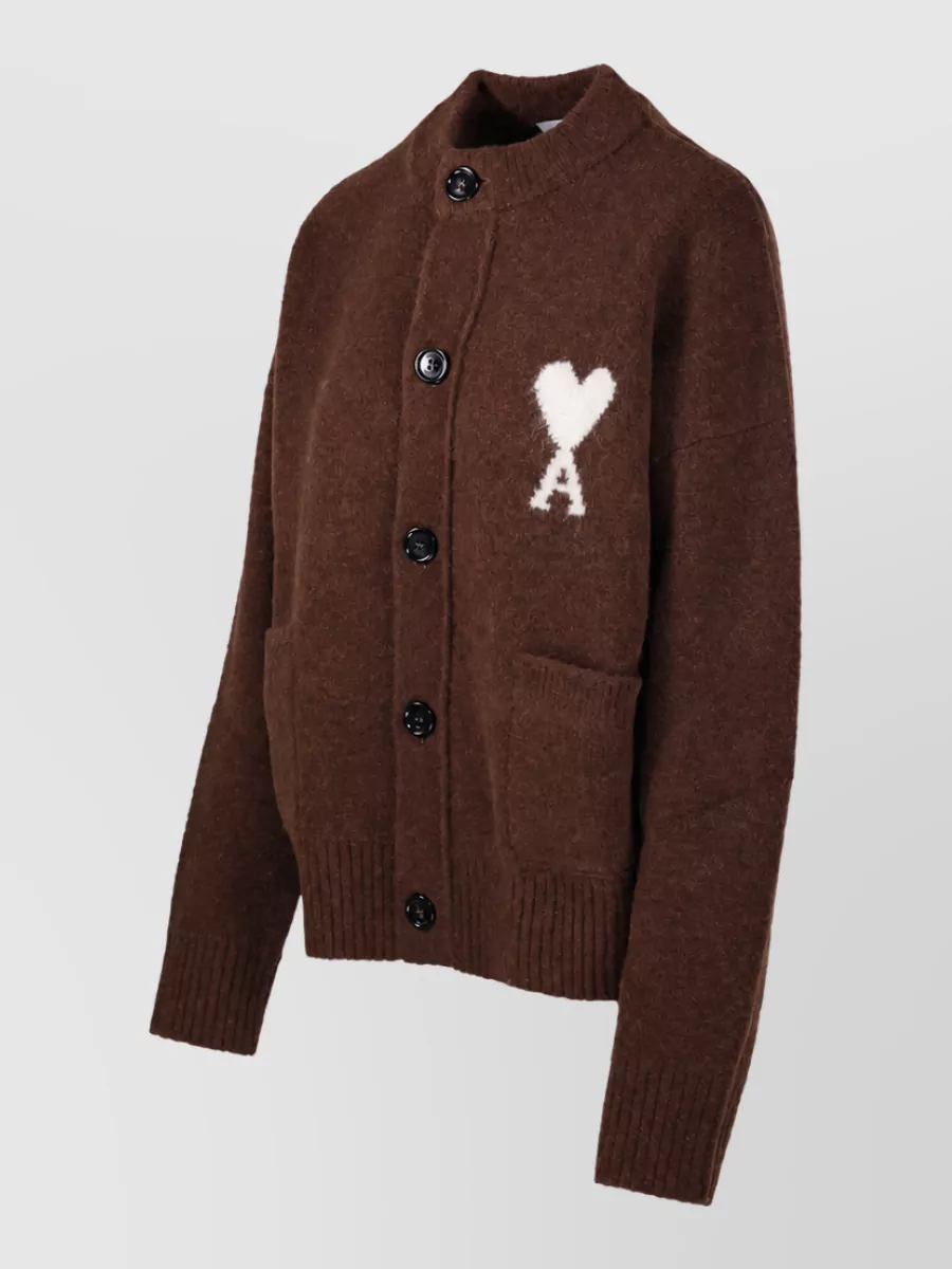 Ami Paris Alpaca-Blend Ribbed Crewneck Cardigan