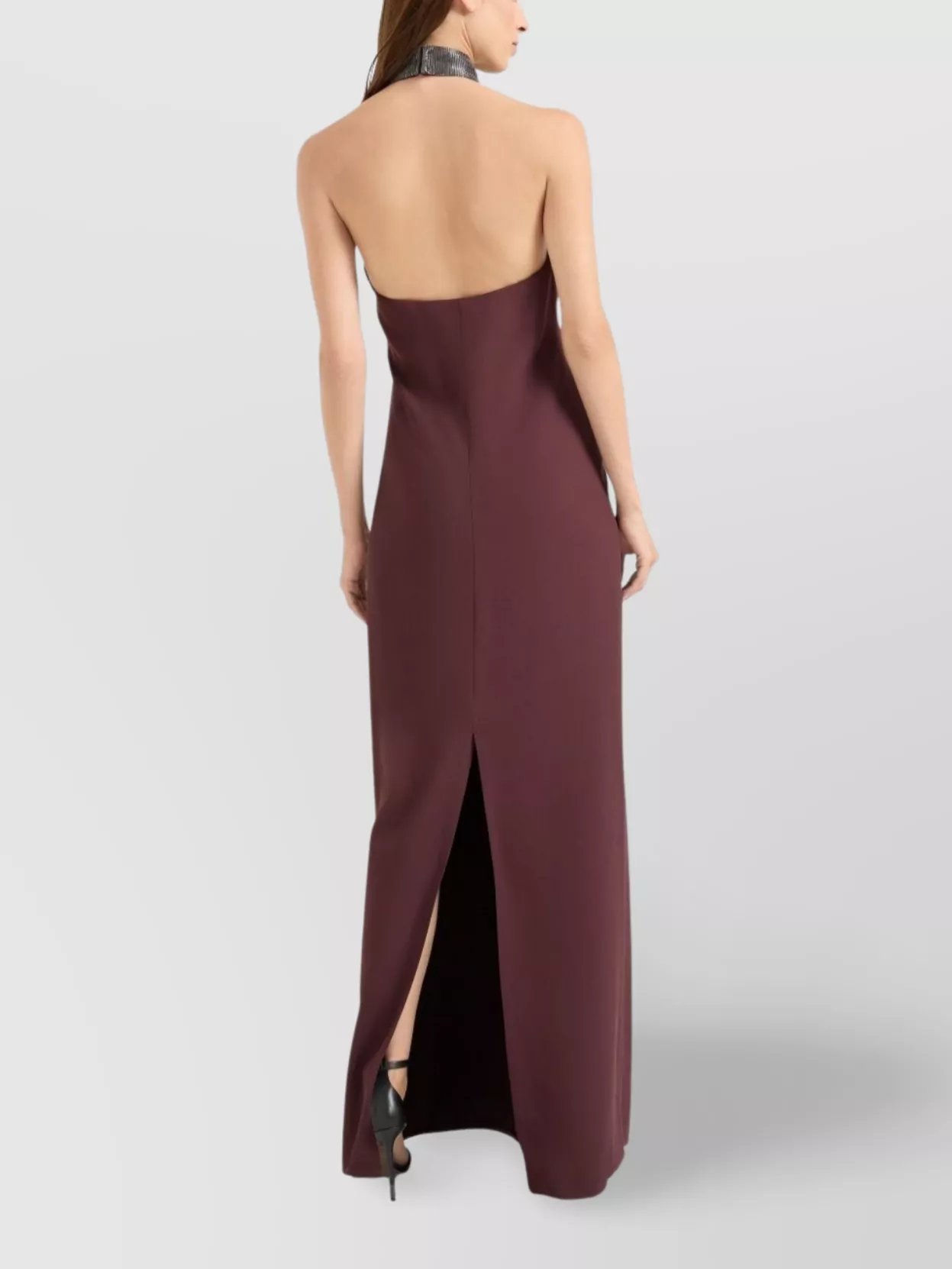 Brunello Cucinelli Maxi Dress With Halter Neck And Slit In Burgundy
