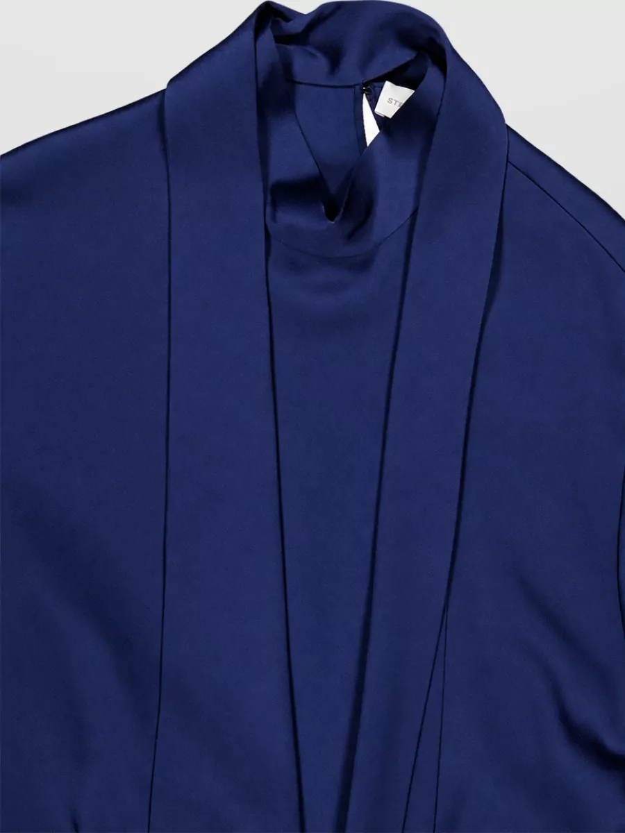 Stella Mccartney Satin Draped High Neck Long Sleeve Asymmetric Midi Dress