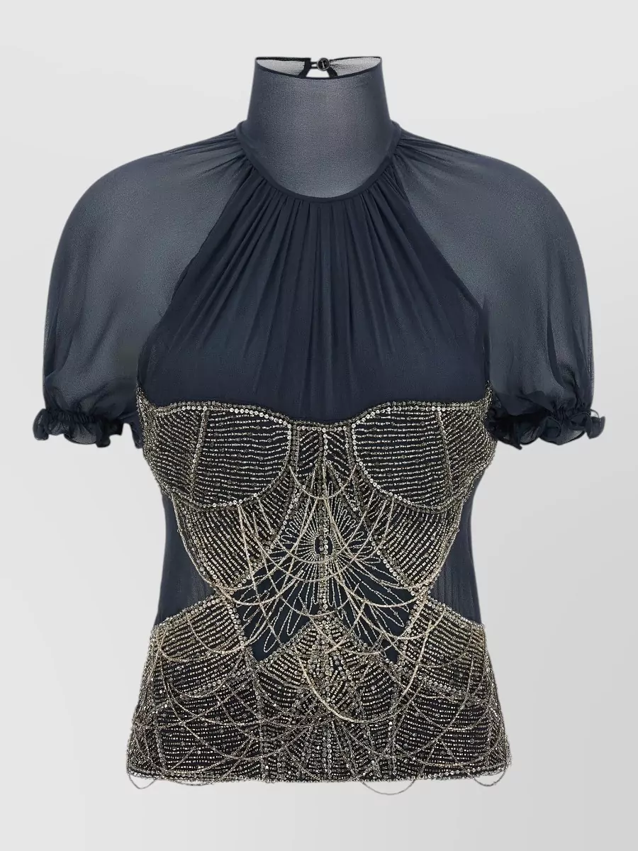 The Attico silk beaded high neck short sleeve blouse