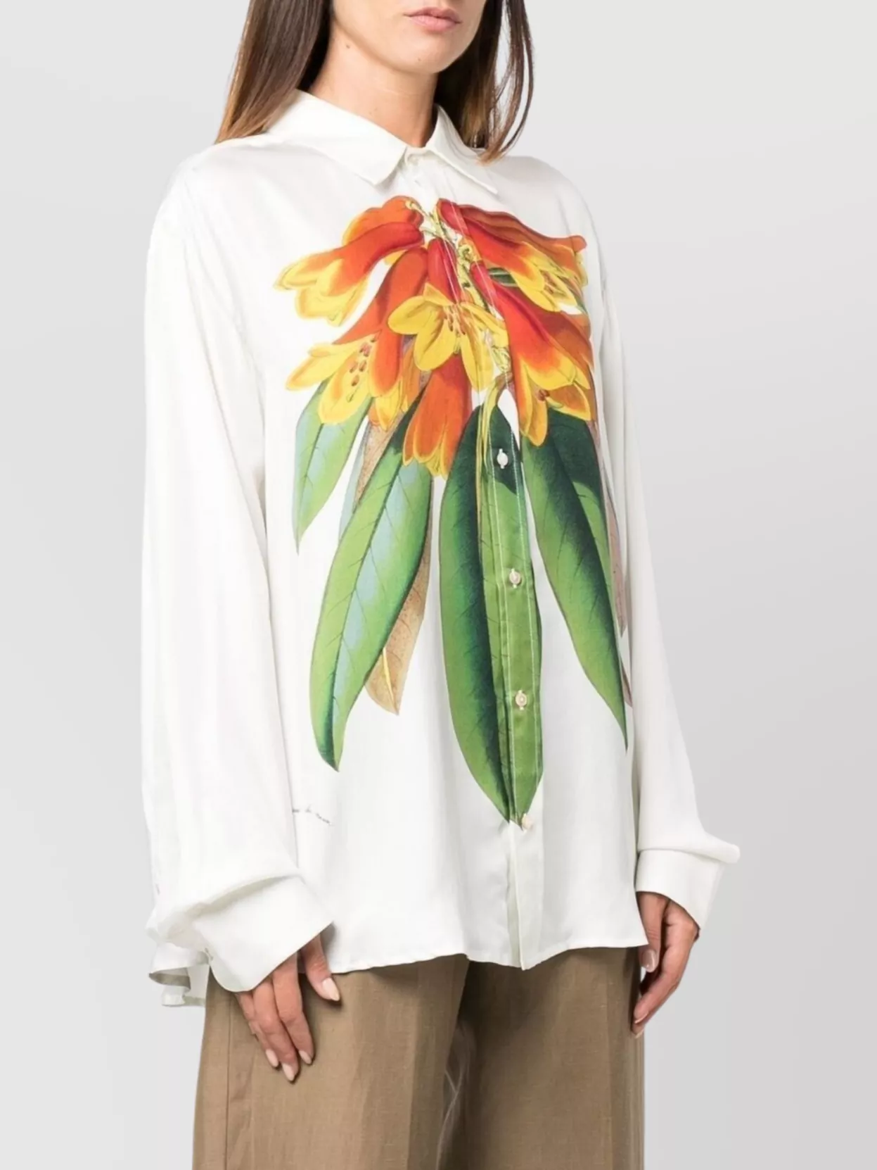 Pierre Louise Mascia Floral Print Top With Curved Hem And Long Sleeves In White