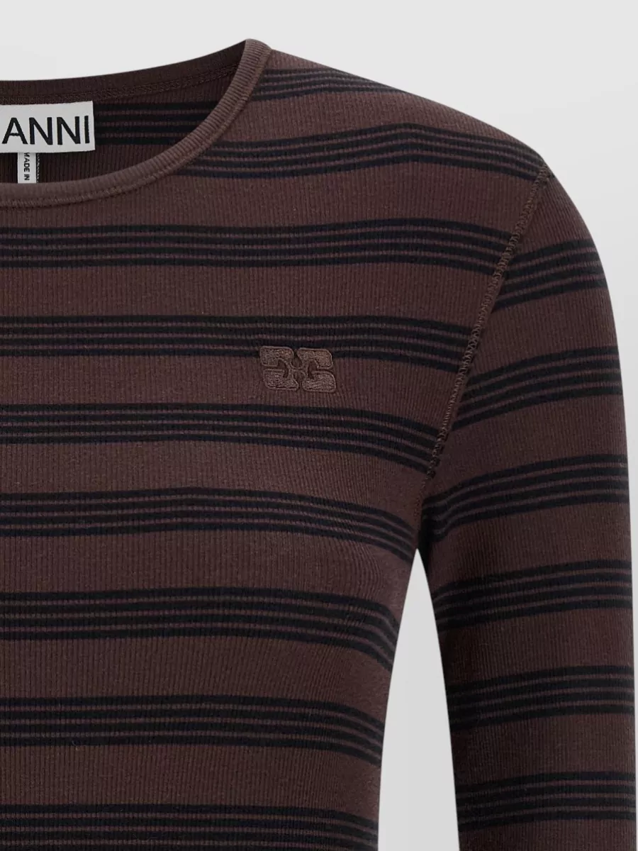Ganni Crew Neck Striped Knit Long Sleeve Top