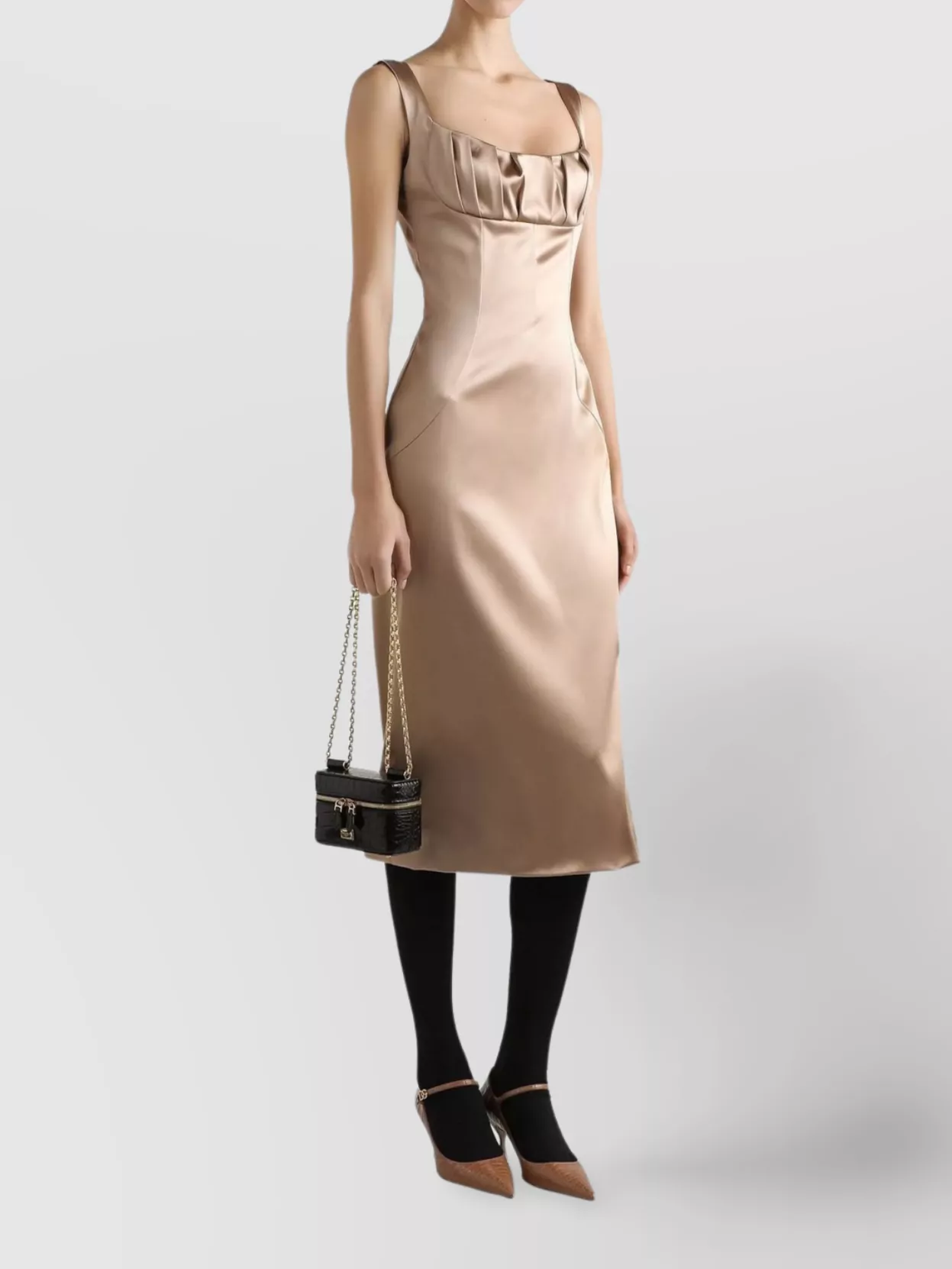 Dolce & Gabbana Silhouette Pleated Sleeveless Square Neckline Dress In Brown
