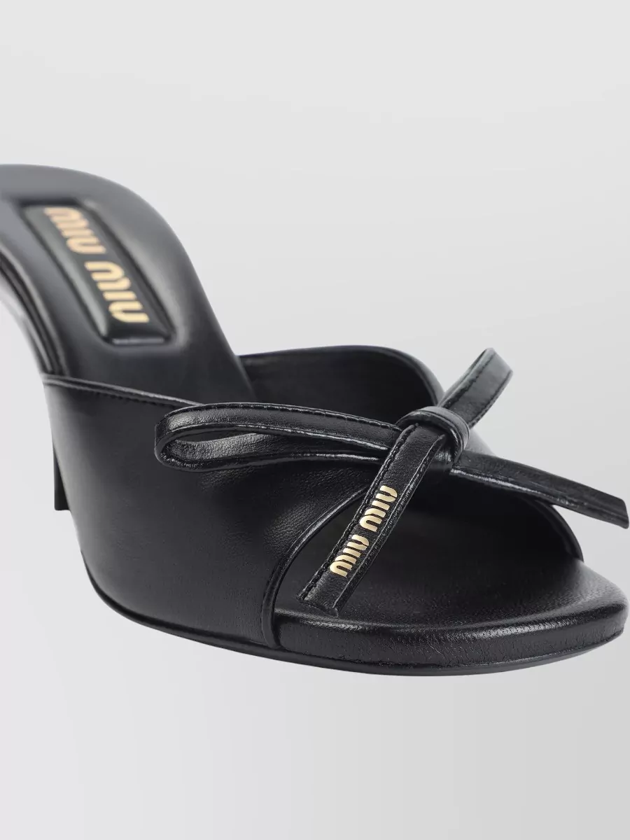 Miu Miu Lamb Leather Slippers Bow Open Toe Stiletto In Black