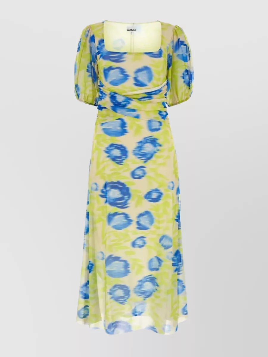 Shop Ganni Tulle Print A-line Midi Dress In Cream