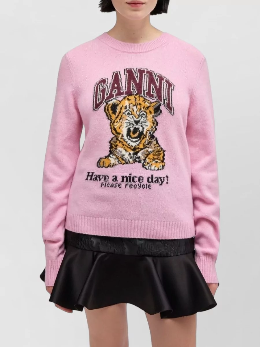 Ganni Graphic Print Long Sleeve Crew Neck Sweater