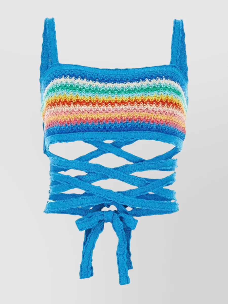 Shop Alanui Crochet Striped Fringe Square Neck Top In Blue