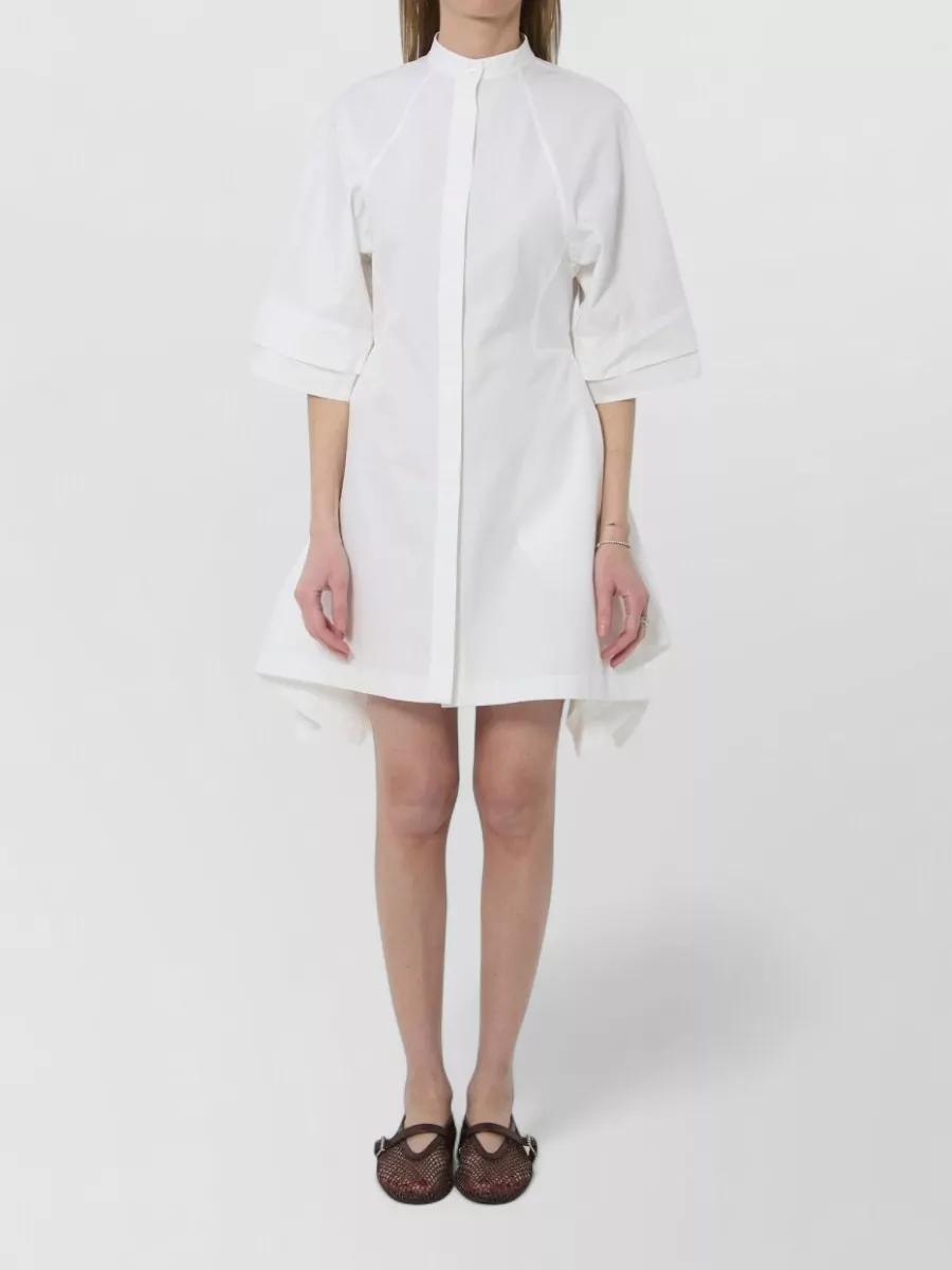 Alaïa Cotton Paneled Funnel Neck Short-Sleeve Midi Dress