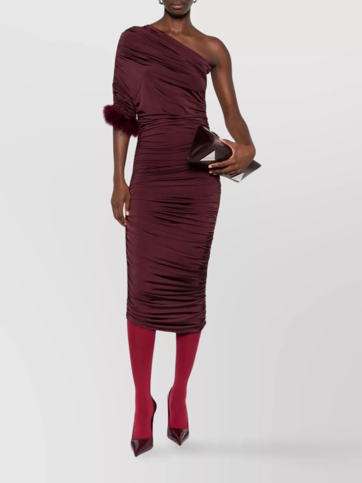 Mugler One Shoulder Feather Trim Ruched Midi Dress In Brown