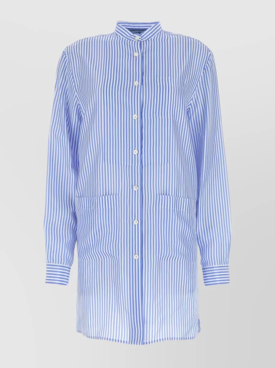 Shop Prada Striped Silk Shirt With Mandarin Collar In Blue