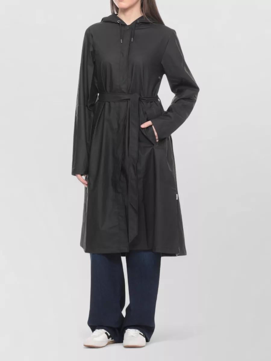 Rains Hooded Raincoat Belted Long Sleeves Pockets