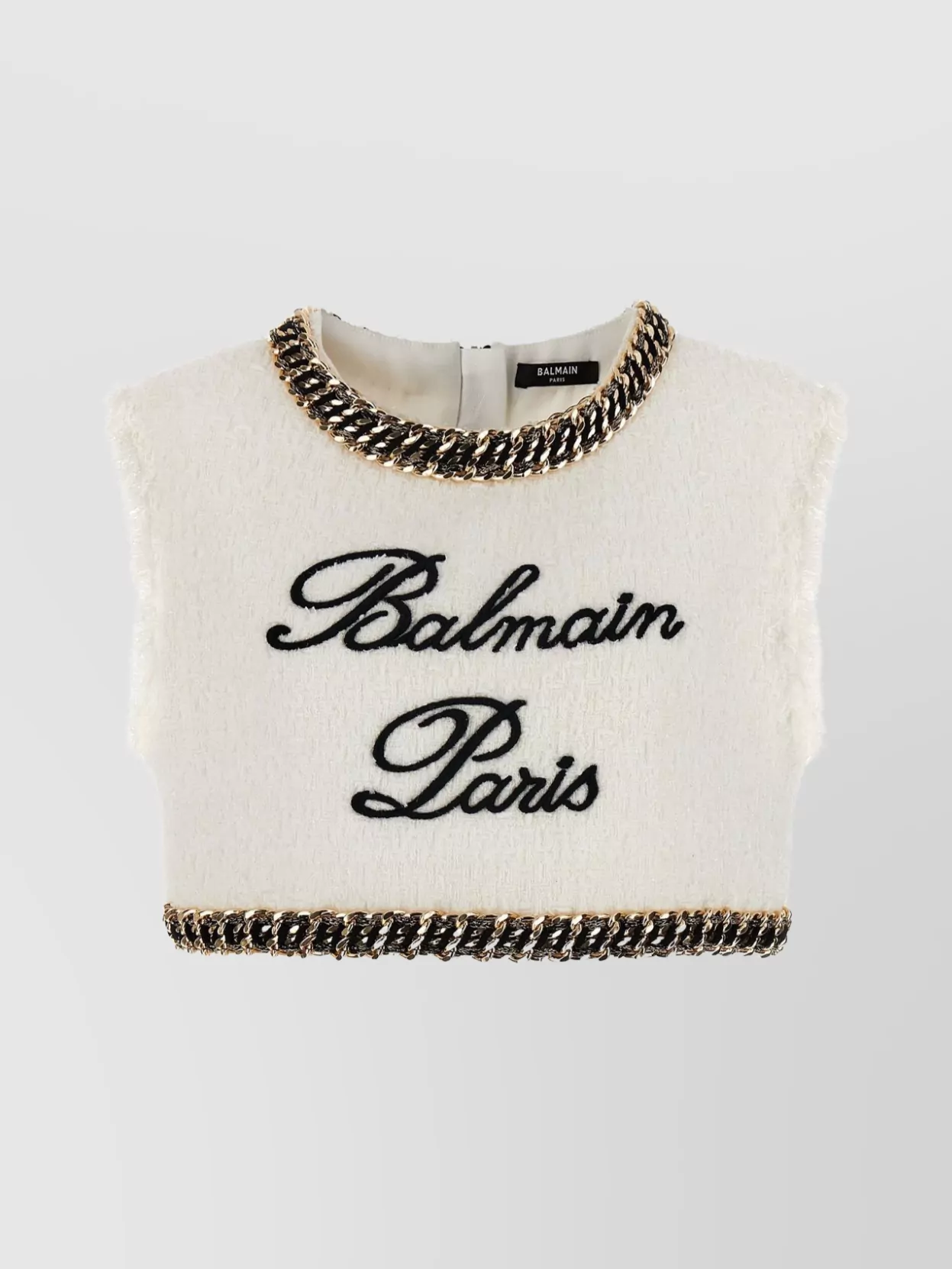 Balmain Signature Logo Embroidered Sleeveless Tweed Crop Top In Gab White/black