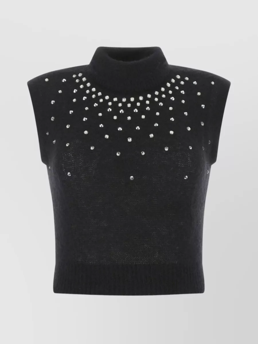 Shop Alessandra Rich Sleeveless Mohair Sweater With Stretch And Ribbed Embellishments In Black