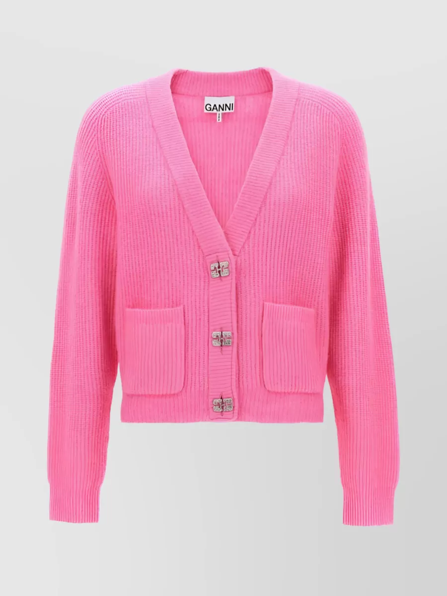 Shop Ganni Butterfly Knitted V-neck Cardigan With Buttons In Pink